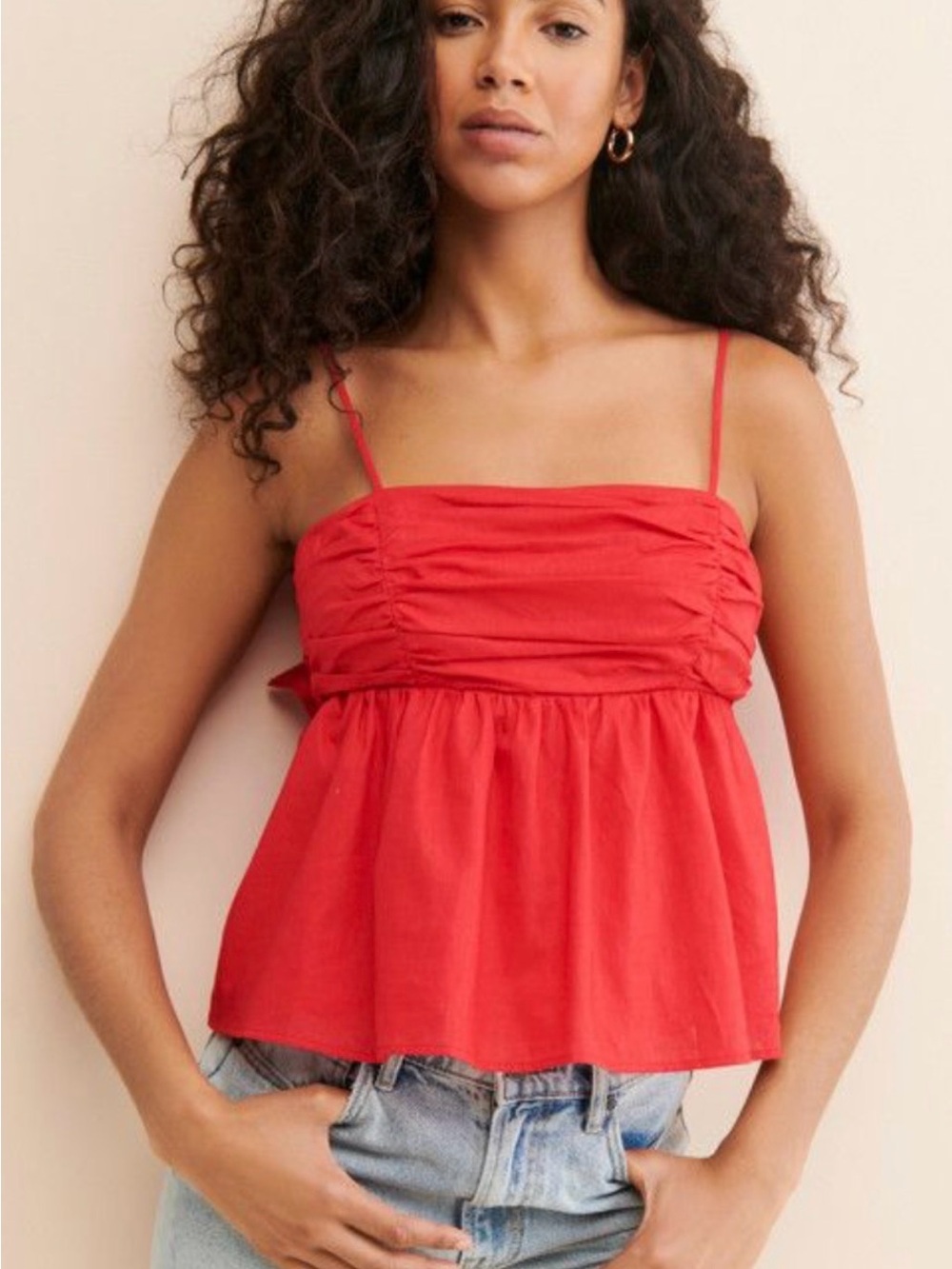 Wayf Red Ruched Bust Spaghetti-Strap Camisole Top